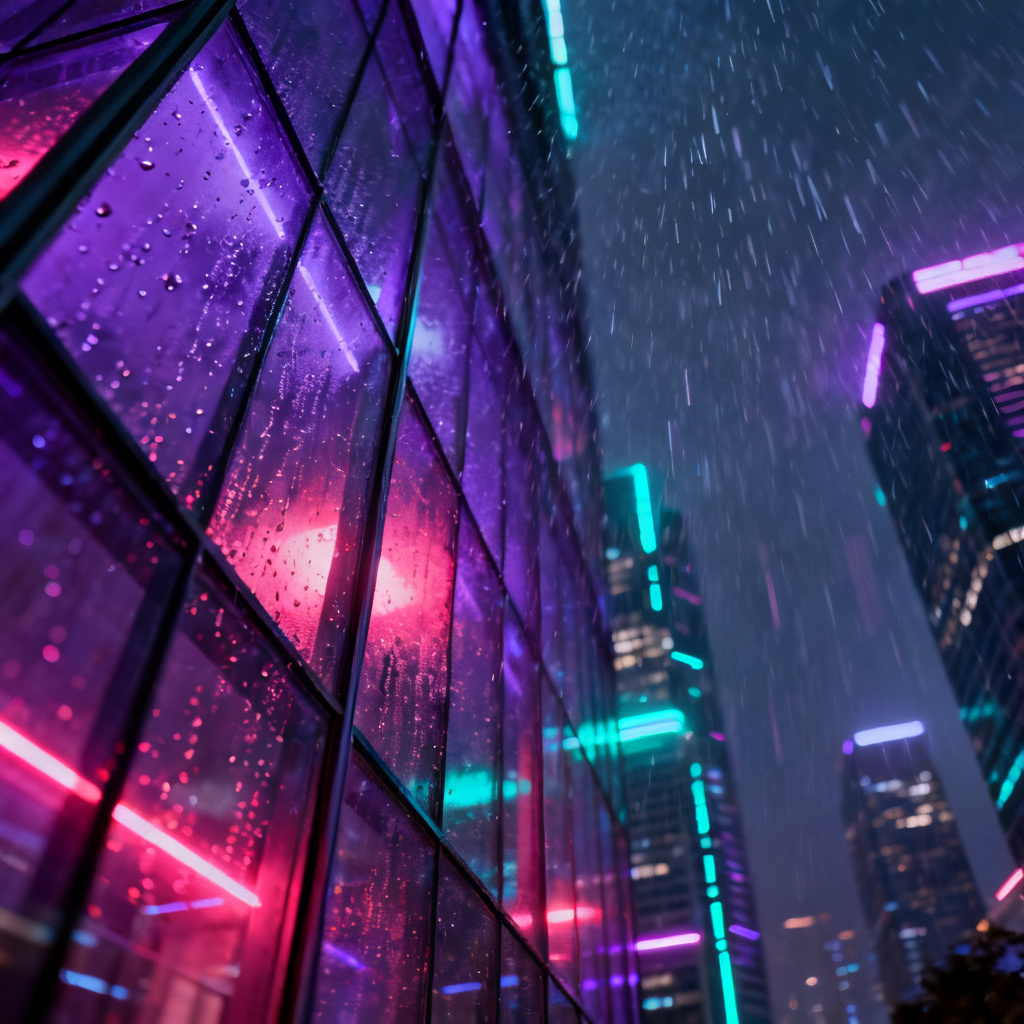 霓虹紫色调的未来都市天际线，雨夜玻璃幕墙反射品红与青色灯光，低角度仰视构图，强烈的景深透视，赛博朋克概念艺术，体积光穿透雨幕，高细节，电影级光影