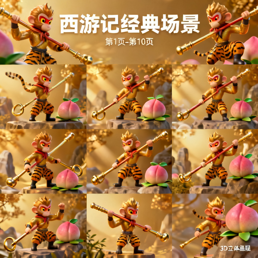 批量生成10页3D西游记风格的PPT，每页风格统一，包含孙悟空、金箍棒、蟠桃等元素
