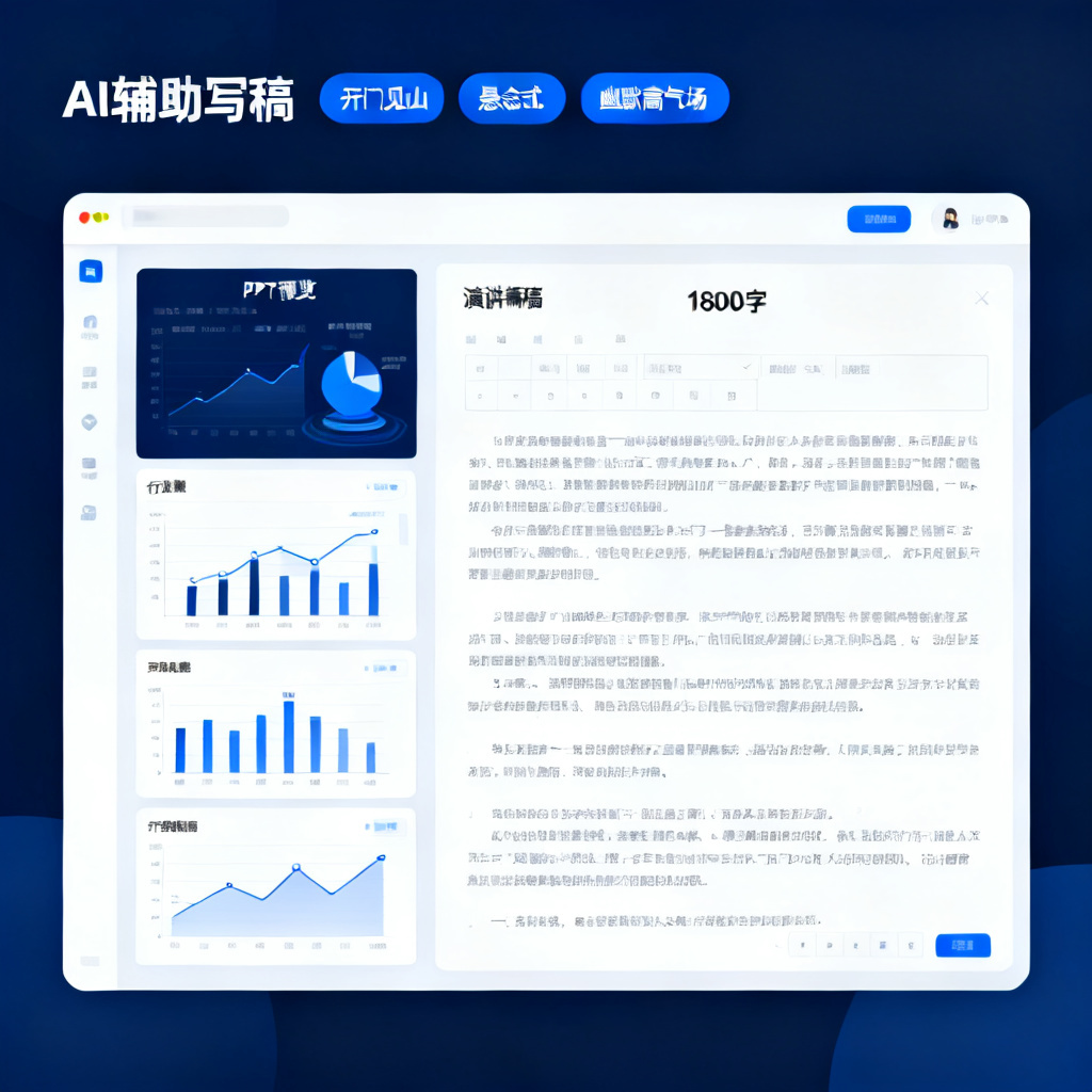 一张扁平化风格的AI辅助写稿界面，左侧PPT预览显示行业数据图表，右侧演讲稿编辑器中显示1800字完整内容，顶部标注风格选择按钮如“开门见山”“悬念式”“幽默高气场”，整体色调为专业深蓝与白色
