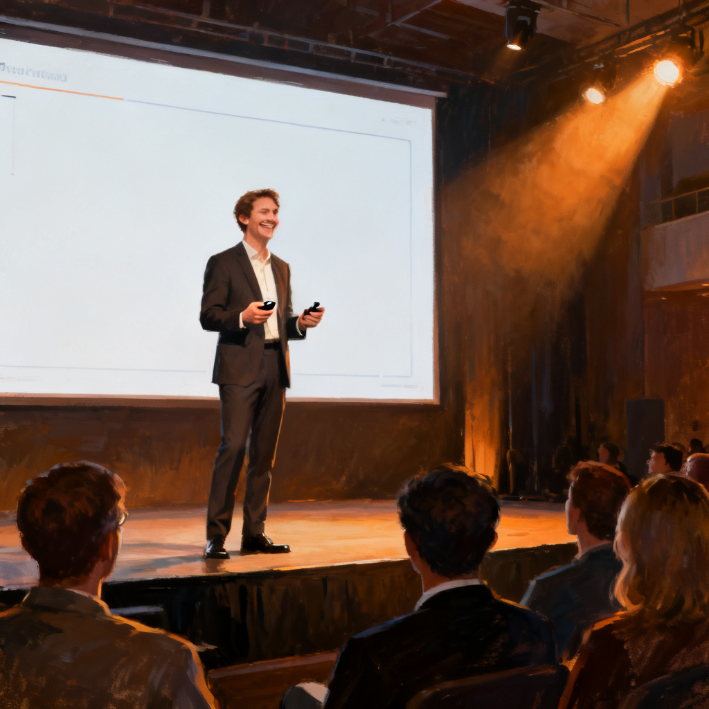 An inspiring illustration of a person standing confidently on a stage, holding a remote clicker, with a large screen behind them displaying a clean, professional slide. The person is dressed in formal attire, smiling, and the audience in the foreground is paying close attention. The lighting is warm and focused on the speaker, conveying success and confidence. Style: digital painting, realistic, cinematic lighting, warm tones.