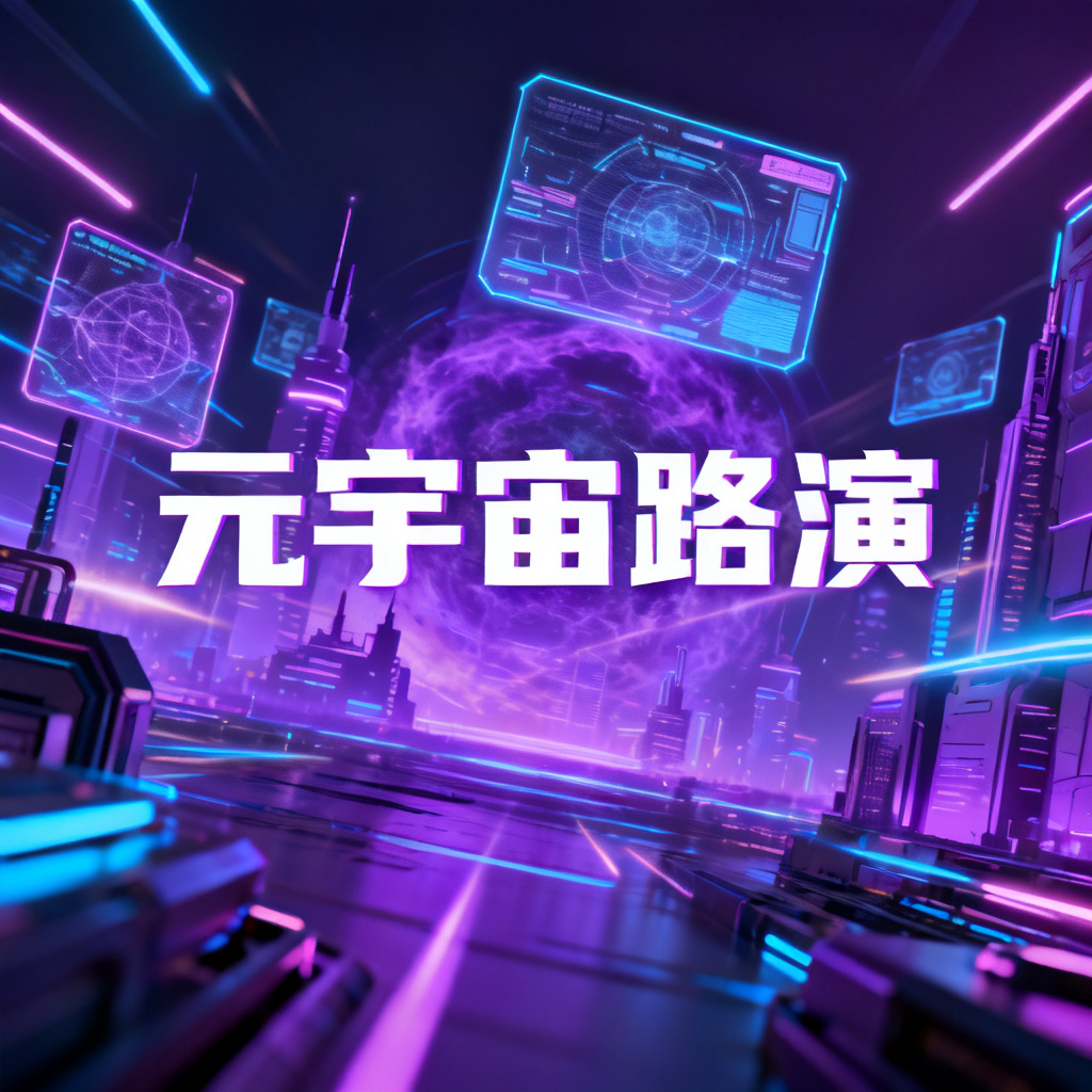 赛博朋克风格的元宇宙路演PPT封面，霓虹灯光与全息投影交织，未来感建筑轮廓在紫色与蓝色光晕中浮现，3D渲染风格，高细节纹理