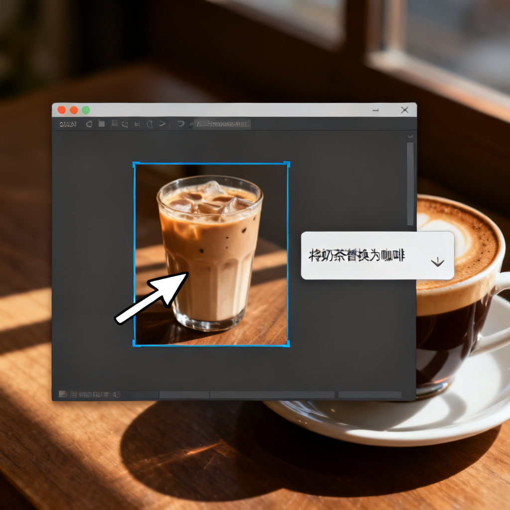 演示Magic涂画功能的操作界面，用户用鼠标框选页面中的奶茶图像，右侧输入框中显示“将奶茶替换为咖啡”的指令，生成结果中咖啡图像完美融入原有光影和背景。
