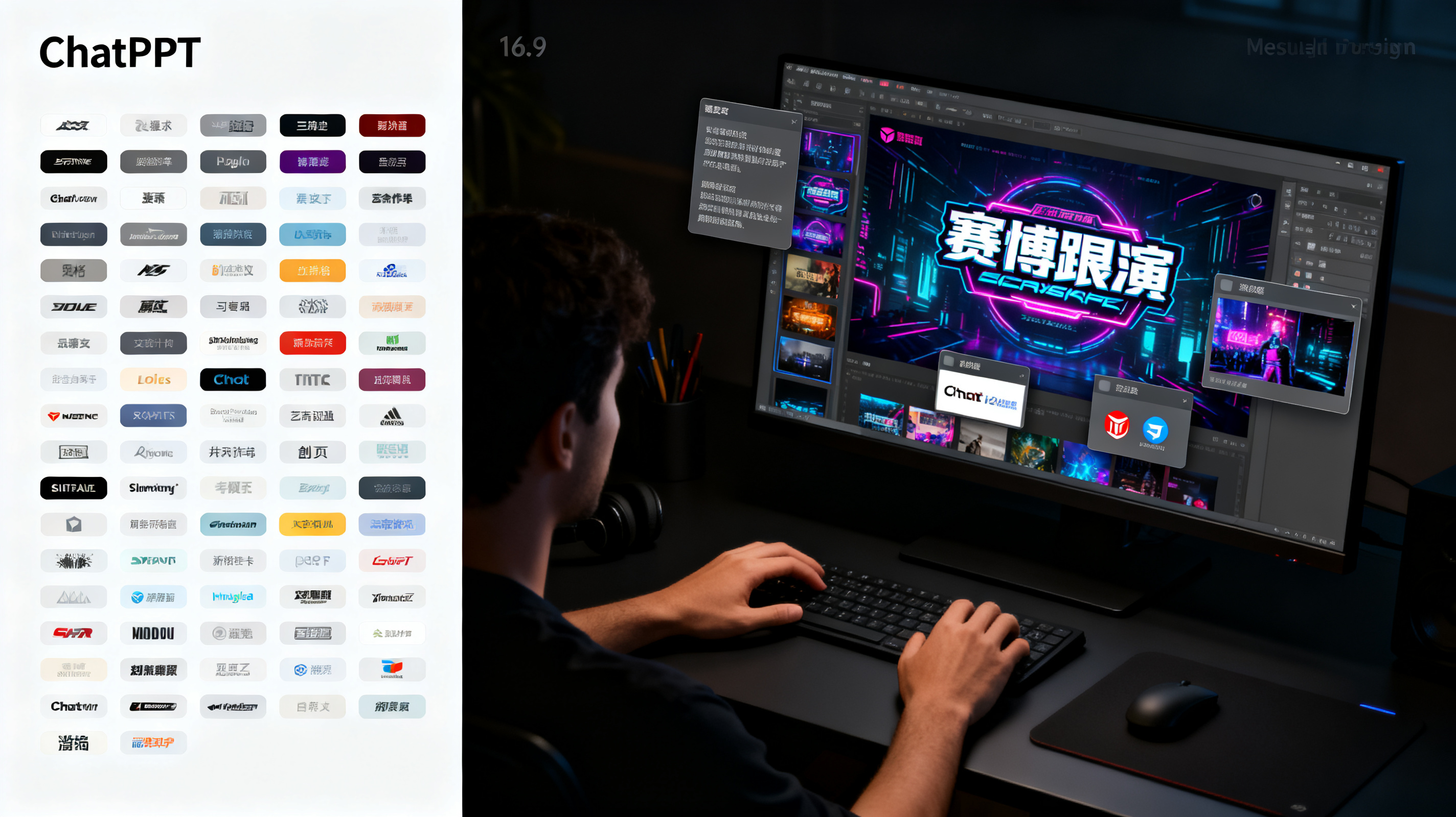 设计师在暗色工作台中操作 ChatPPT，左侧是上百种风格标签，右侧是赛博朋克路演页面，图层浮窗显示文字、图片、Logo 可独立拖动，超写实，16:9
