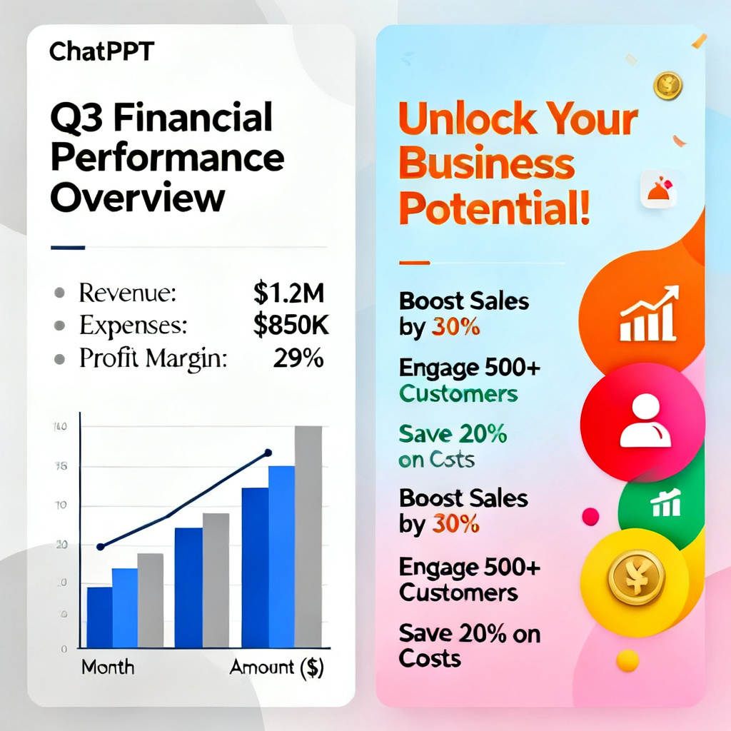 Side-by-side comparison of an academic PPT slide generated by ChatPPT (clean, data-focused, formal) vs. a generic business-style PPT slide (colorful, marketing-oriented), highlighting the difference in professionalism