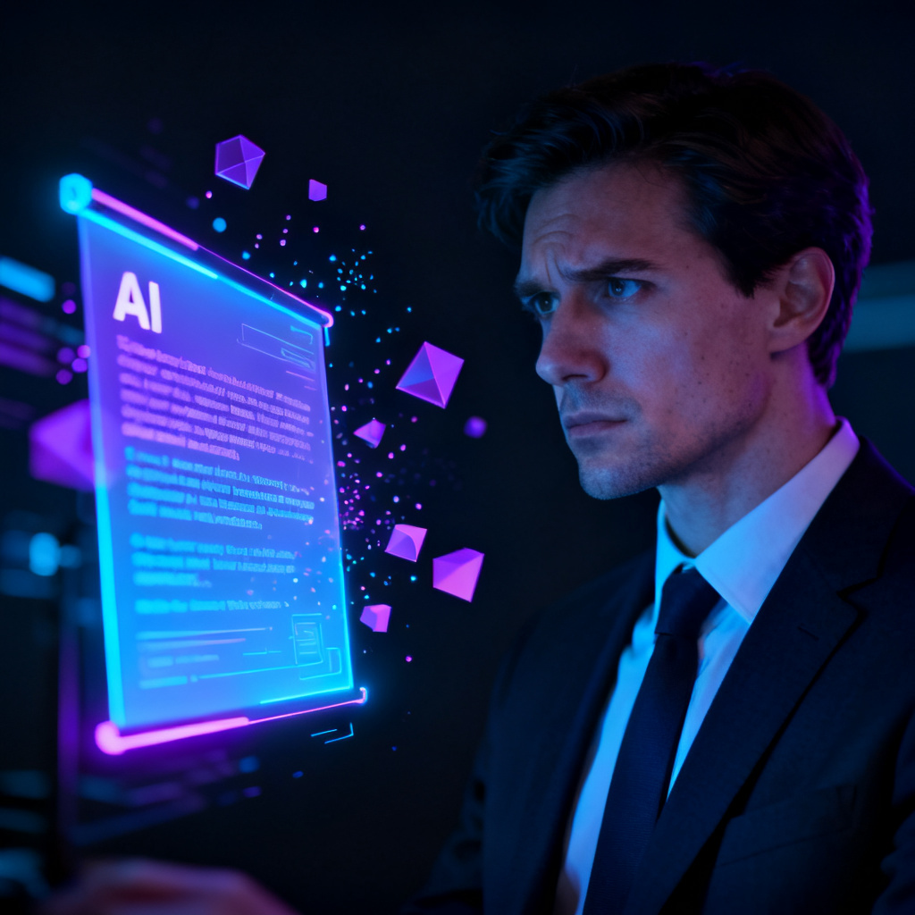 A skeptical professional looking at a glowing AI interface, digital particles forming a presentation slide, dark background with neon blue and purple hues.