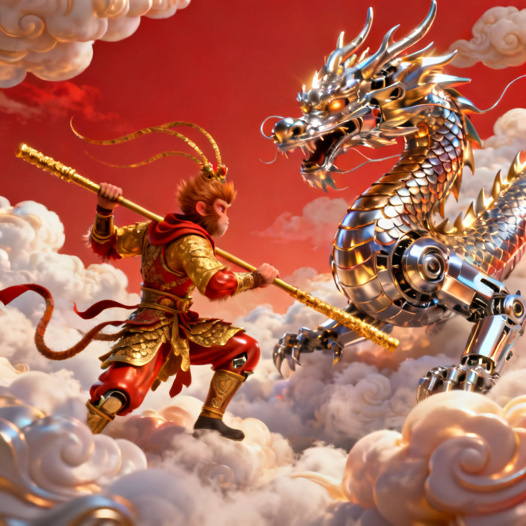 3D西游记风格的PPT封面，孙悟空与机械龙在云端对决，色彩鲜艳