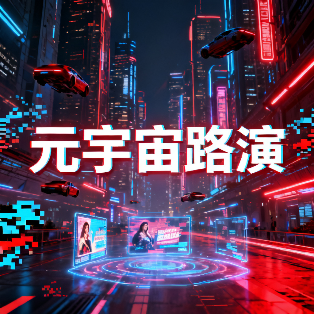 赛博朋克风格的元宇宙路演PPT封面，霓虹灯光，未来城市，高对比度，4K，故障艺术元素，光影交错