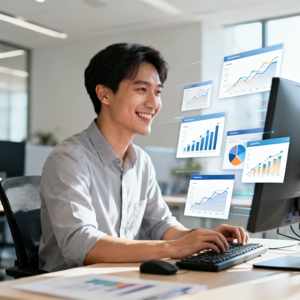 A busy office worker smiling while AI generates multiple slides, with graphs and charts, clean and professional, bright lighting
