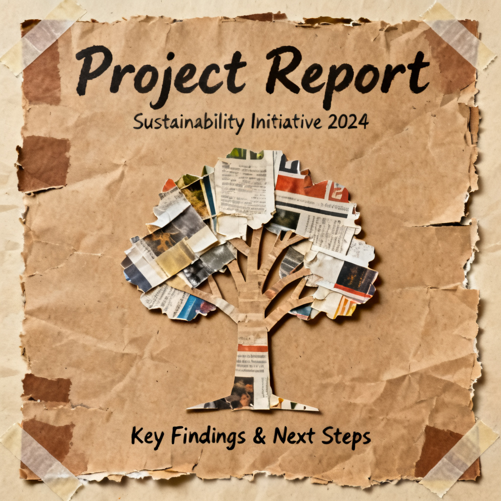 Create a project report slide in kraft paper collage style, with torn paper edges, brown and beige color scheme, featuring a cutout tree made from recycled magazine clippings, handwritten-style font, and subtle tape marks on corners.