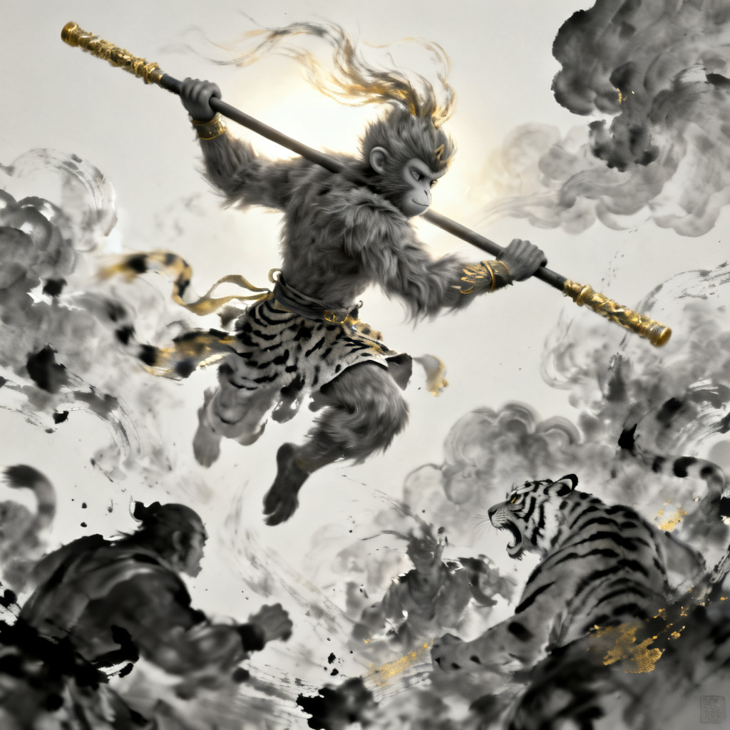 3D西游记风格，孙悟空，云朵，水墨元素，传统国画风格，动态战斗场景
