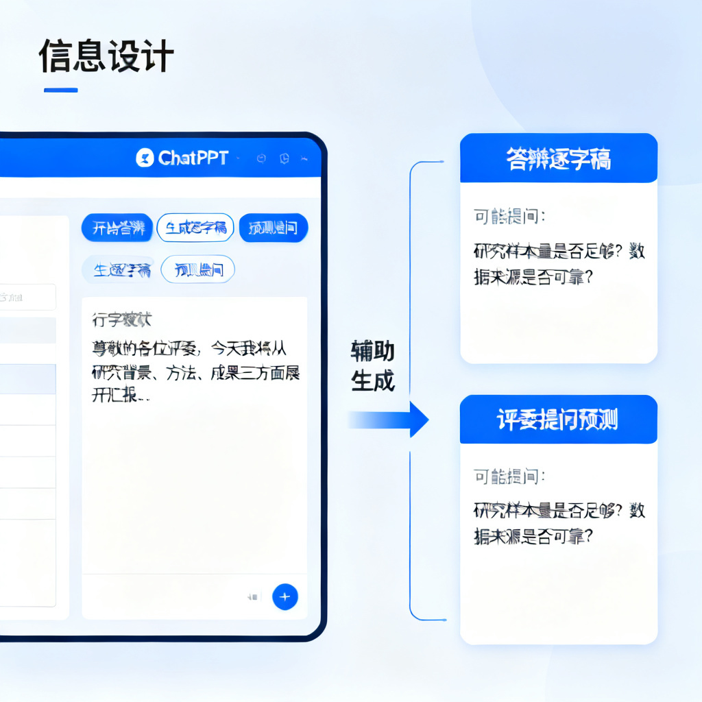 一张答辩场景示意图，ChatPPT界面旁边显示生成的答辩逐字稿和评委提问预测，强调其辅助功能。