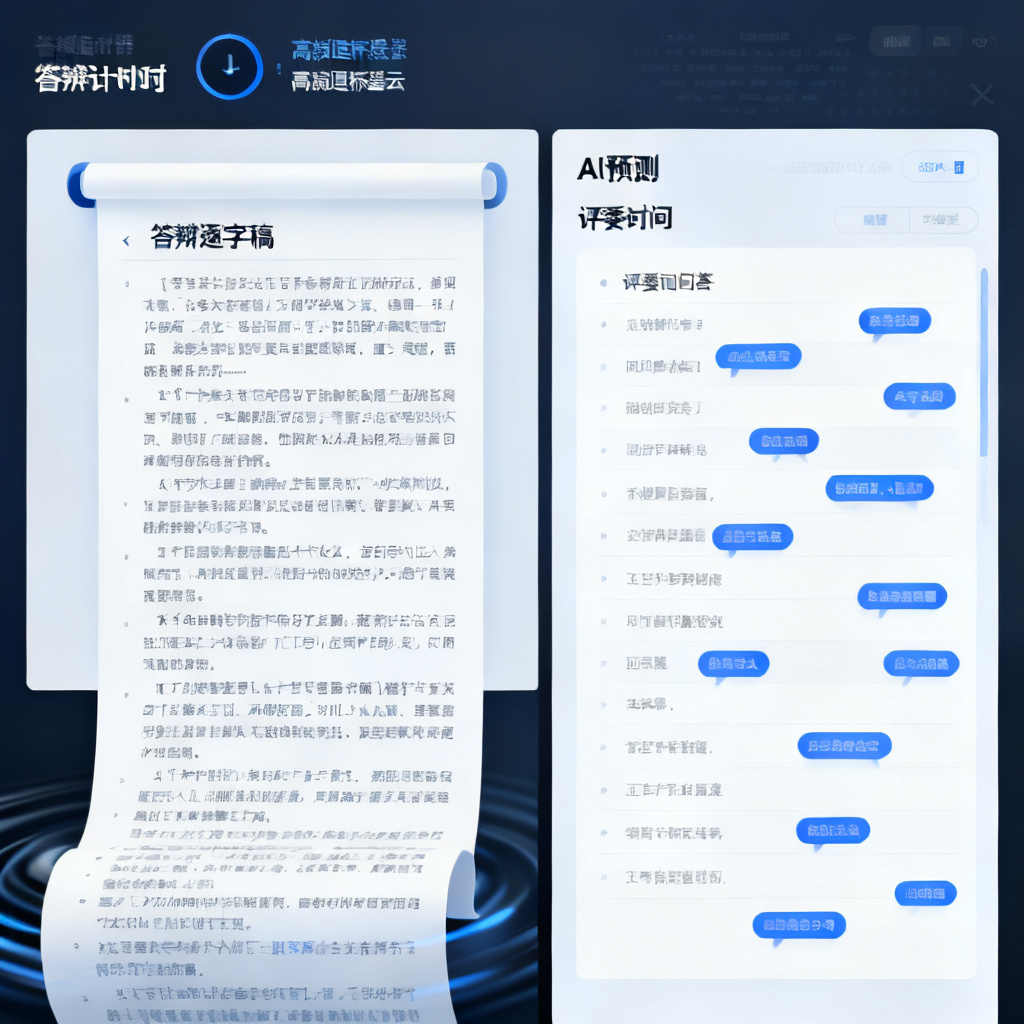 分屏界面，左侧是答辩逐字稿滚动文本，右侧是AI预判的评委问答列表，界面上方显示答辩计时器和高频追问标签云