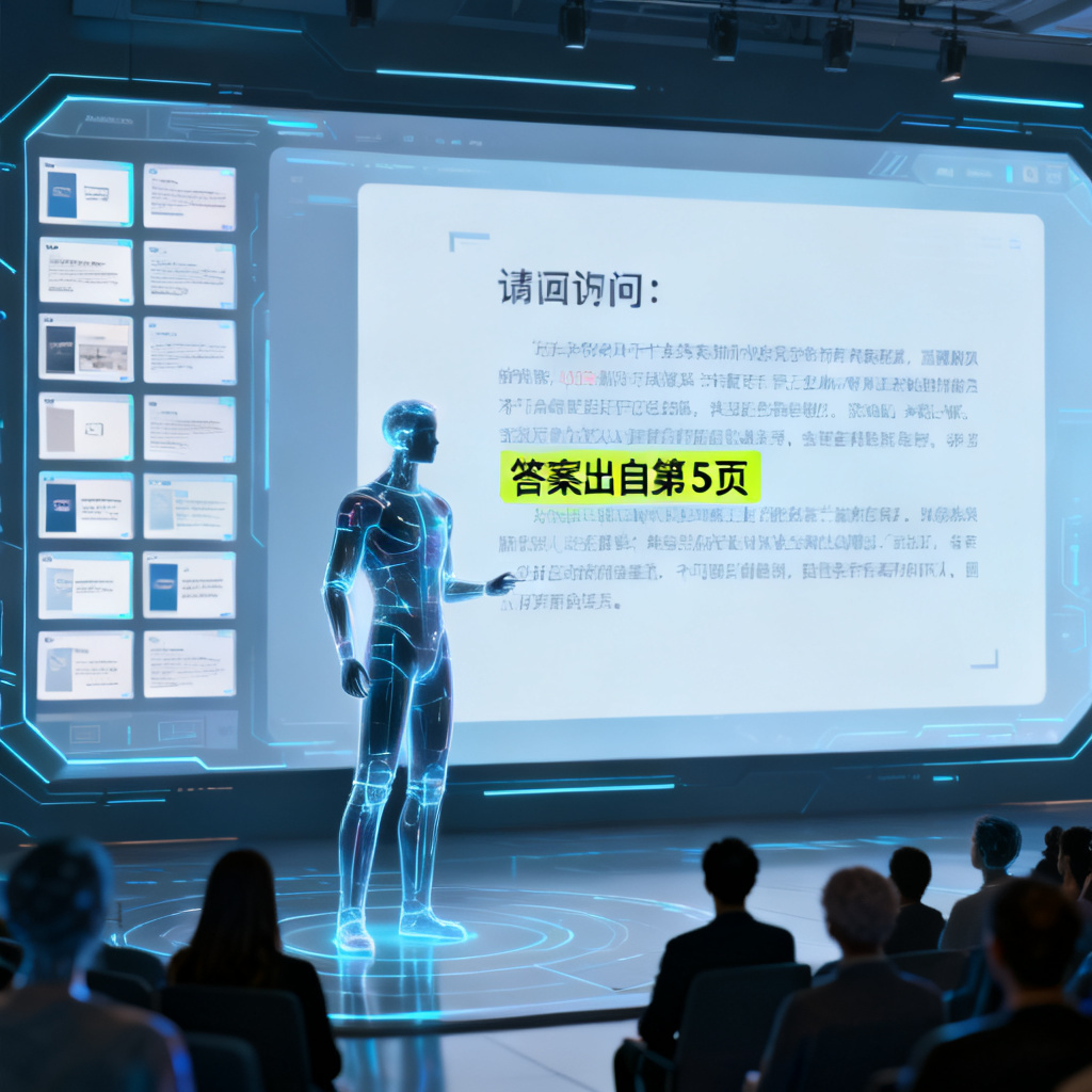 一个数字人正在回答观众提问，屏幕左侧显示PPT缩略图，右侧显示答案并高亮标注‘答案出自第5页’。