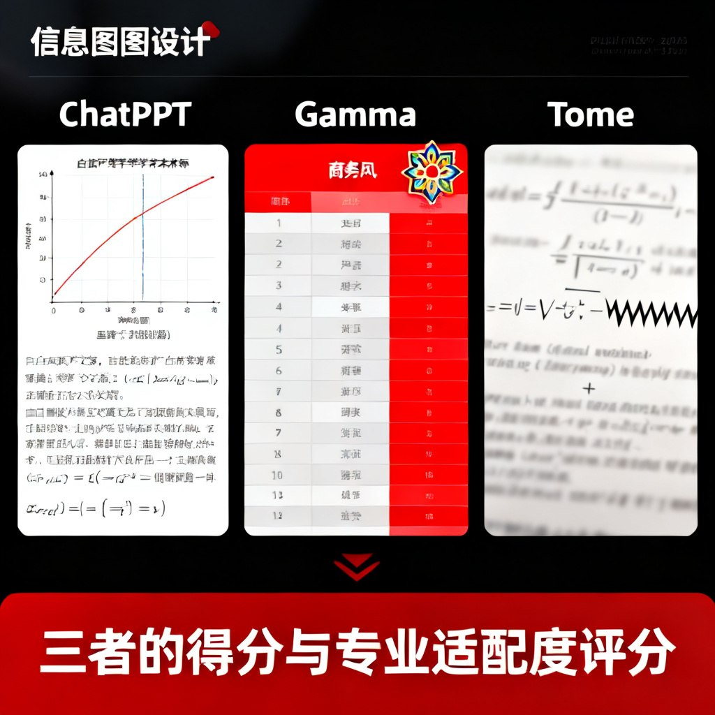 横向对比图，左侧为ChatPPT生成的学术图表（清晰坐标轴、白底严谨字体、正确格式的公式），中间为Gamma的商务风表格（红色色块、花哨的图标），右侧为Tome的图片式排版（公式模糊且有锯齿），并在底部标注三者的得分与专业适配度评分。