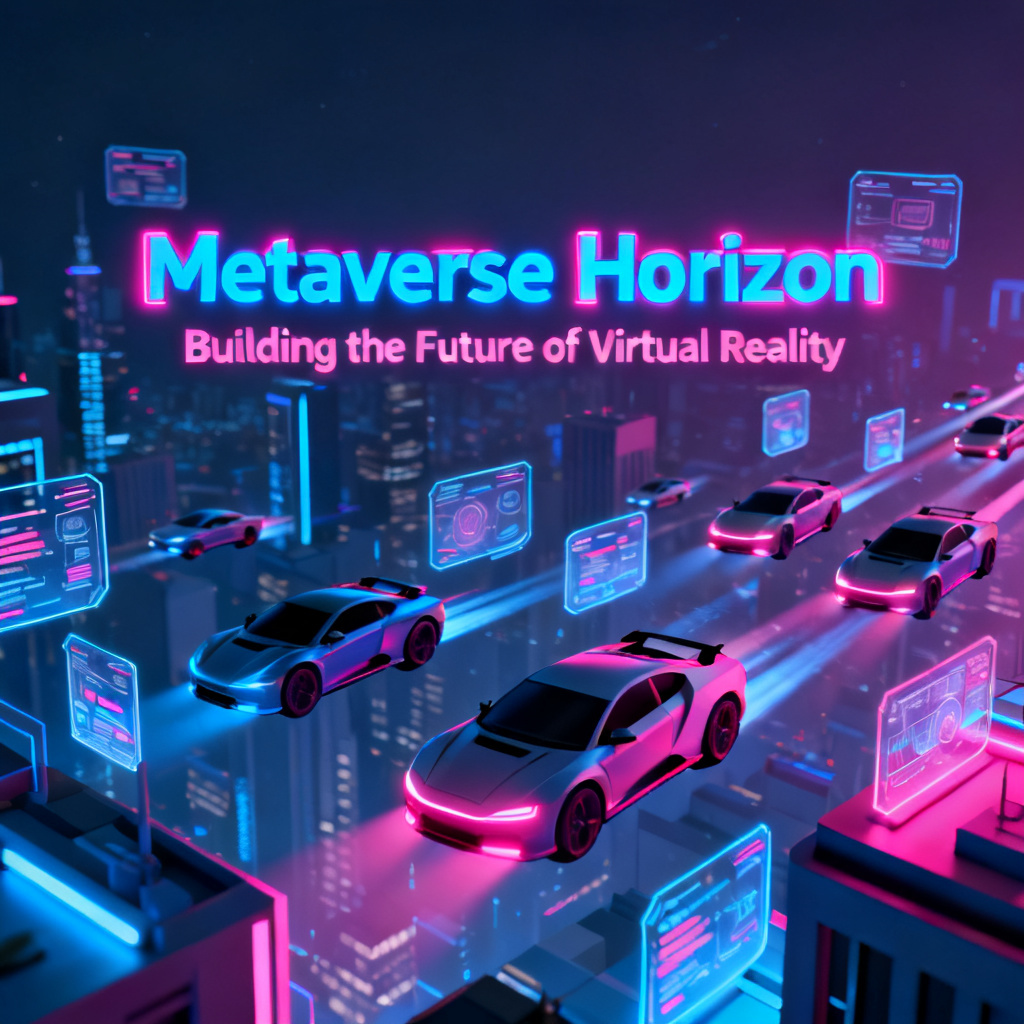 A futuristic cyberpunk-themed PPT slide for a metaverse pitch deck, featuring neon blue and pink color scheme, holographic UI elements, and a cityscape background with flying cars, rendered in a 3D isometric style.