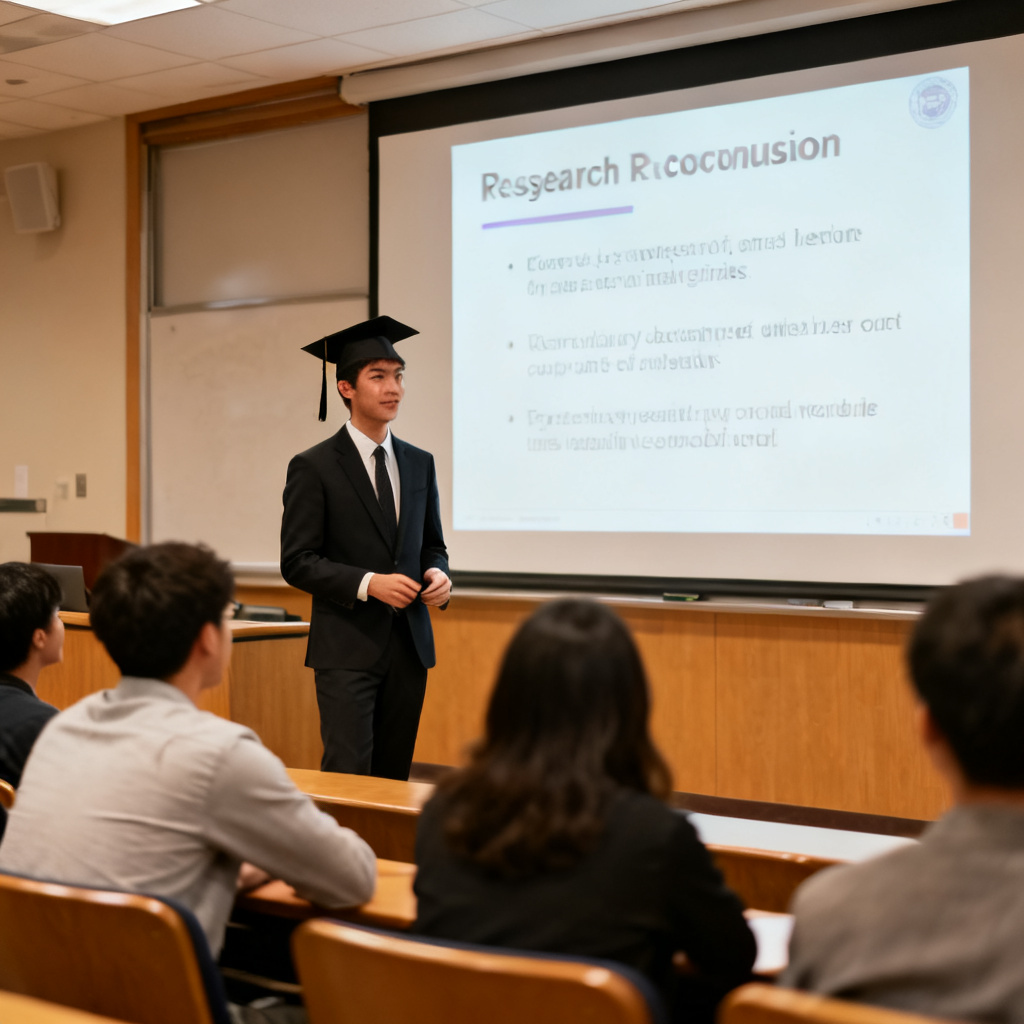 A confident graduate student presenting a well-designed PowerPoint in a bright lecture hall, the slide shows a clear research conclusion, the audience members look engaged and impressed, professional and academic atmosphere