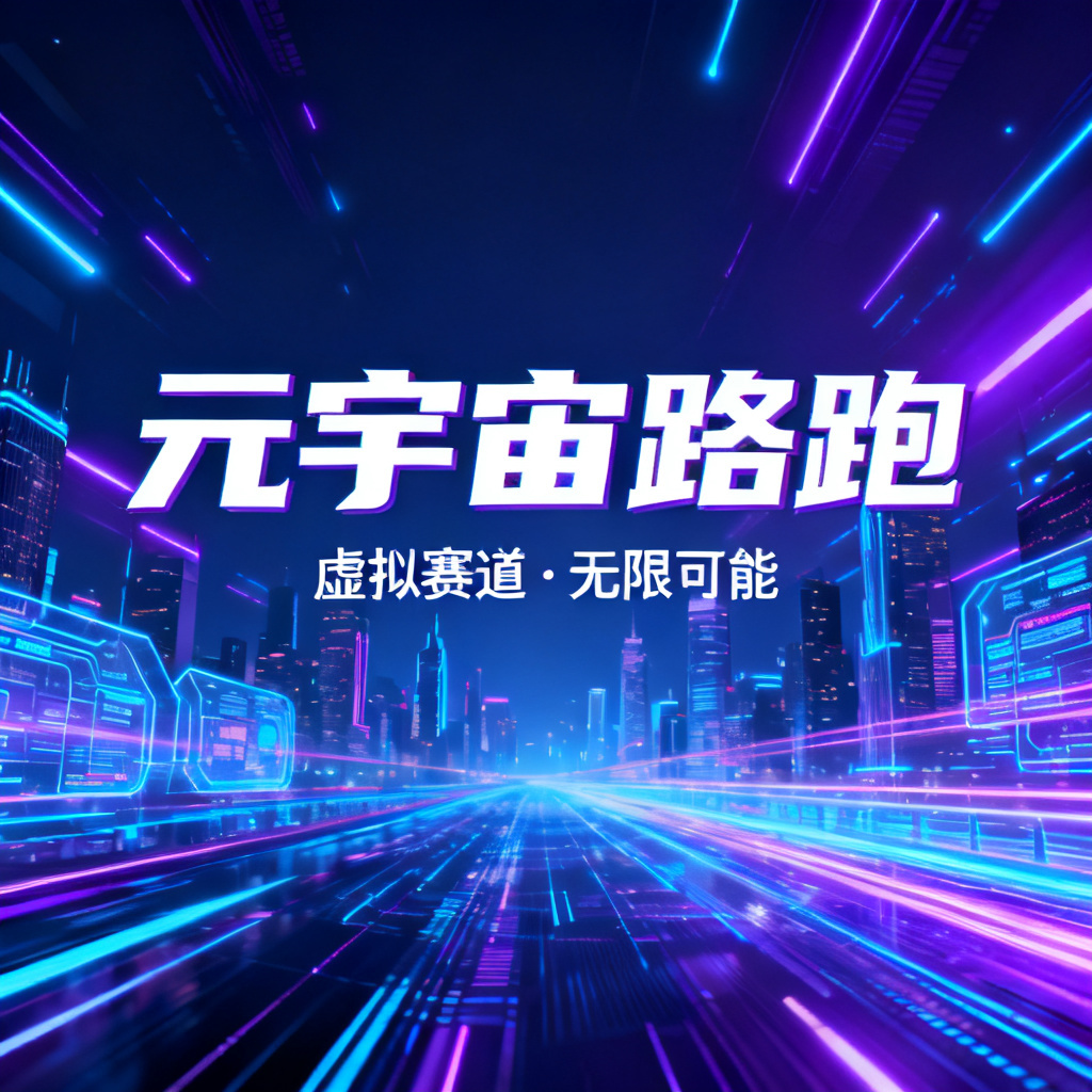 赛博朋克风格元宇宙路跑PPT封面，霓虹蓝与紫色灯光交织，背景是未来城市天际线与全息数据流