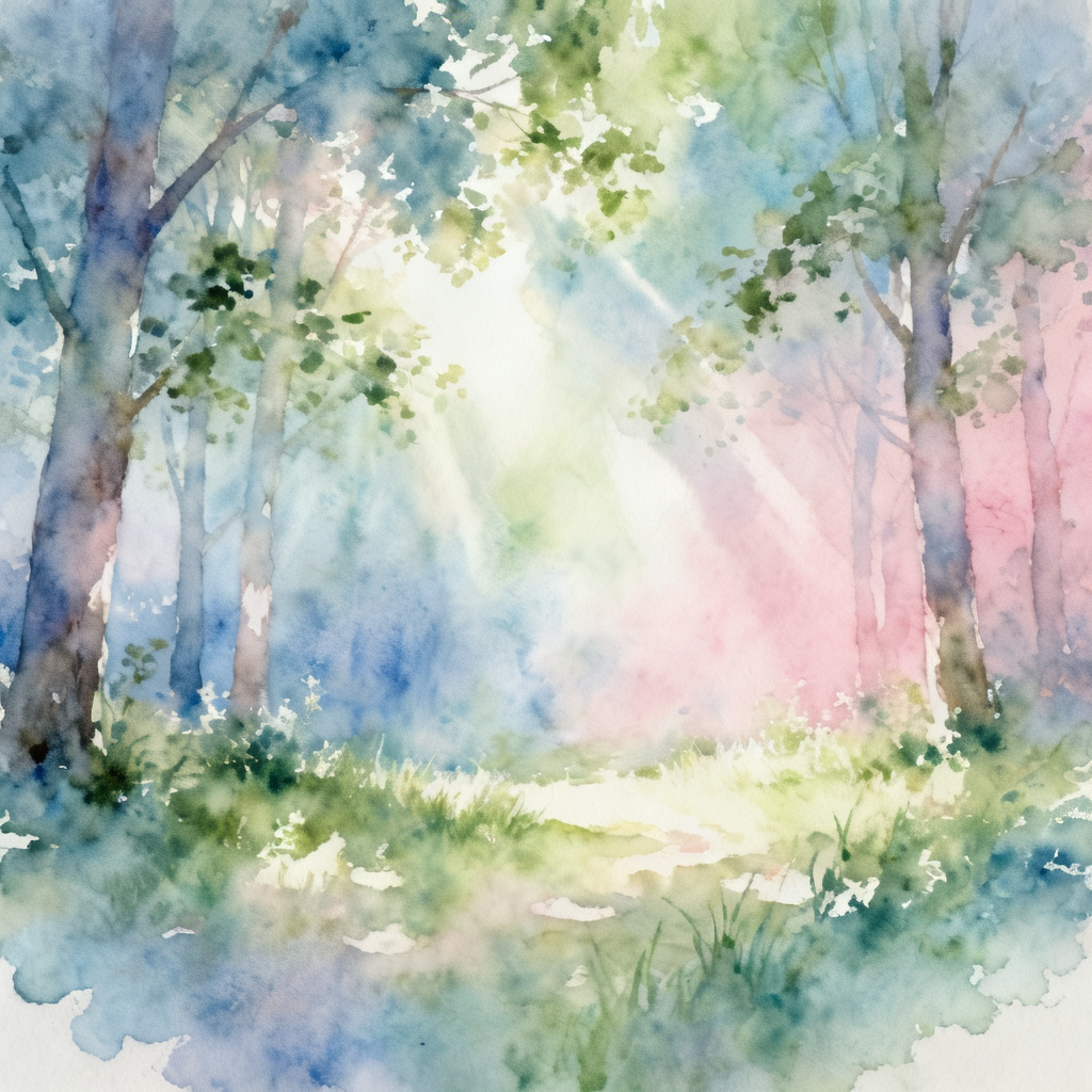 一幅梦幻水彩风格的森林场景，柔和的光线透过树叶洒下，色彩以淡蓝、淡绿和粉色渐变为主，画面带有朦胧的晕染效果，细节丰富但保持手绘质感