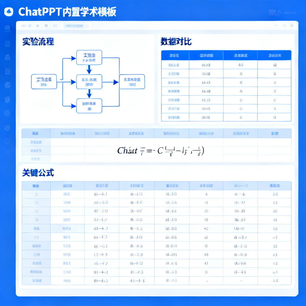 一张展示ChatPPT内置学术模板的截图,包含实验流程图、数据对比表和数学公式,风格严谨简洁