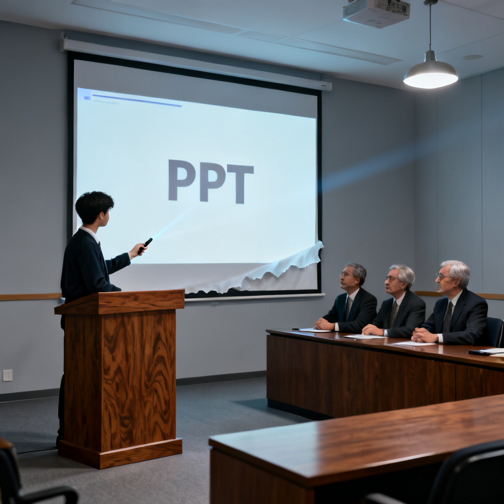 一个模拟答辩会议室，投影幕布上显示PPT，学生站在讲台上，评委席坐着三位教授，气氛严肃但专业，写实风格，细节丰富
