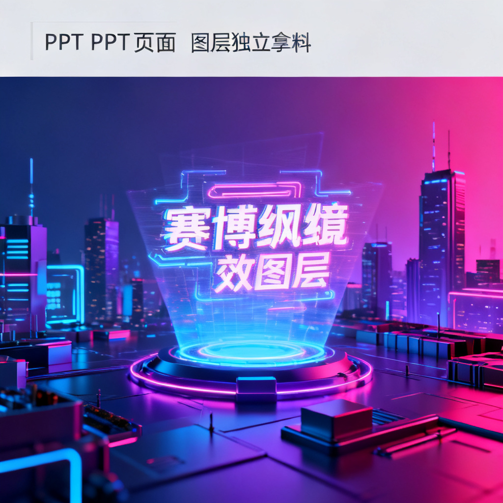 一张展示ChatPPT banana创意绘图模式生成的赛博朋克风格PPT页面，画面包含霓虹灯效、全息投影文字、3D城市背景，整体色调为蓝紫与洋红渐变，文字图层独立可编辑。
