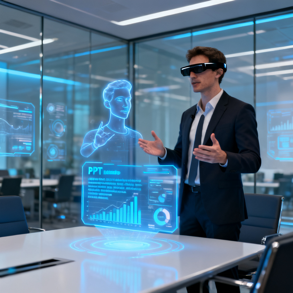 A professional presenter using a smart glasses interface, with a holographic PPT slide floating in front, showing a digital avatar speaking, in a futuristic boardroom setting, photorealistic style