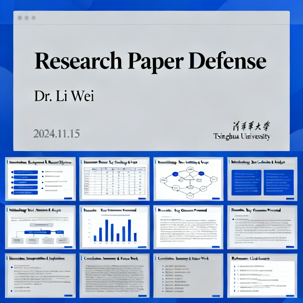 A screenshot of the final output of ChatPPT, showing a complete set of slides for a research paper defense, with a professional layout.