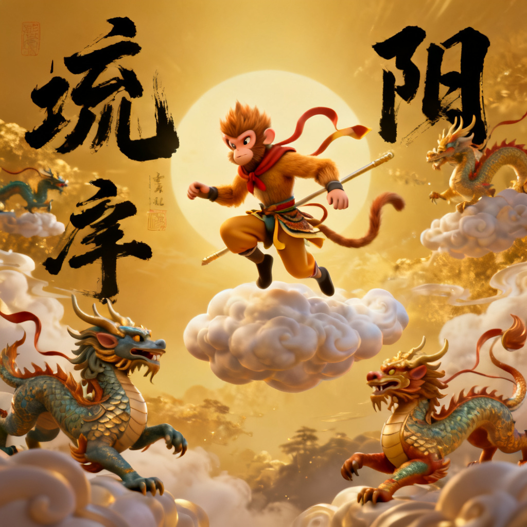A 3D style Journey to the West scene with Sun Wukong flying on a cloud, surrounded by mythical creatures, rendered in a vibrant anime-inspired 3D style, background with golden gradients, slide layout with Chinese calligraphy accents