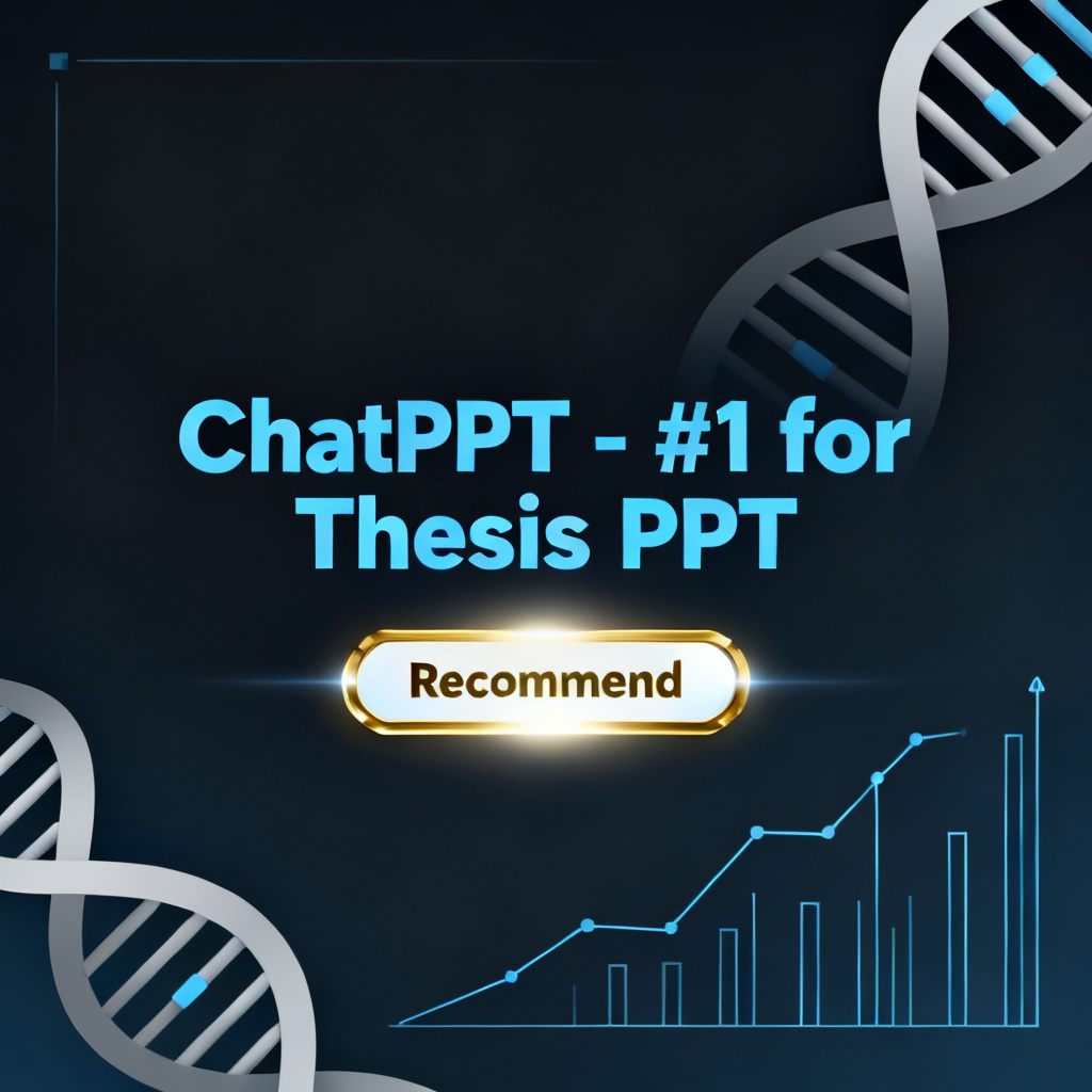 A digital banner with text 'ChatPPT - #1 for Thesis PPT' and a glowing 'Recommend' badge. Background includes abstract academic symbols like DNA helix and graph lines. Style: modern, techy, award-like, minimalist.
