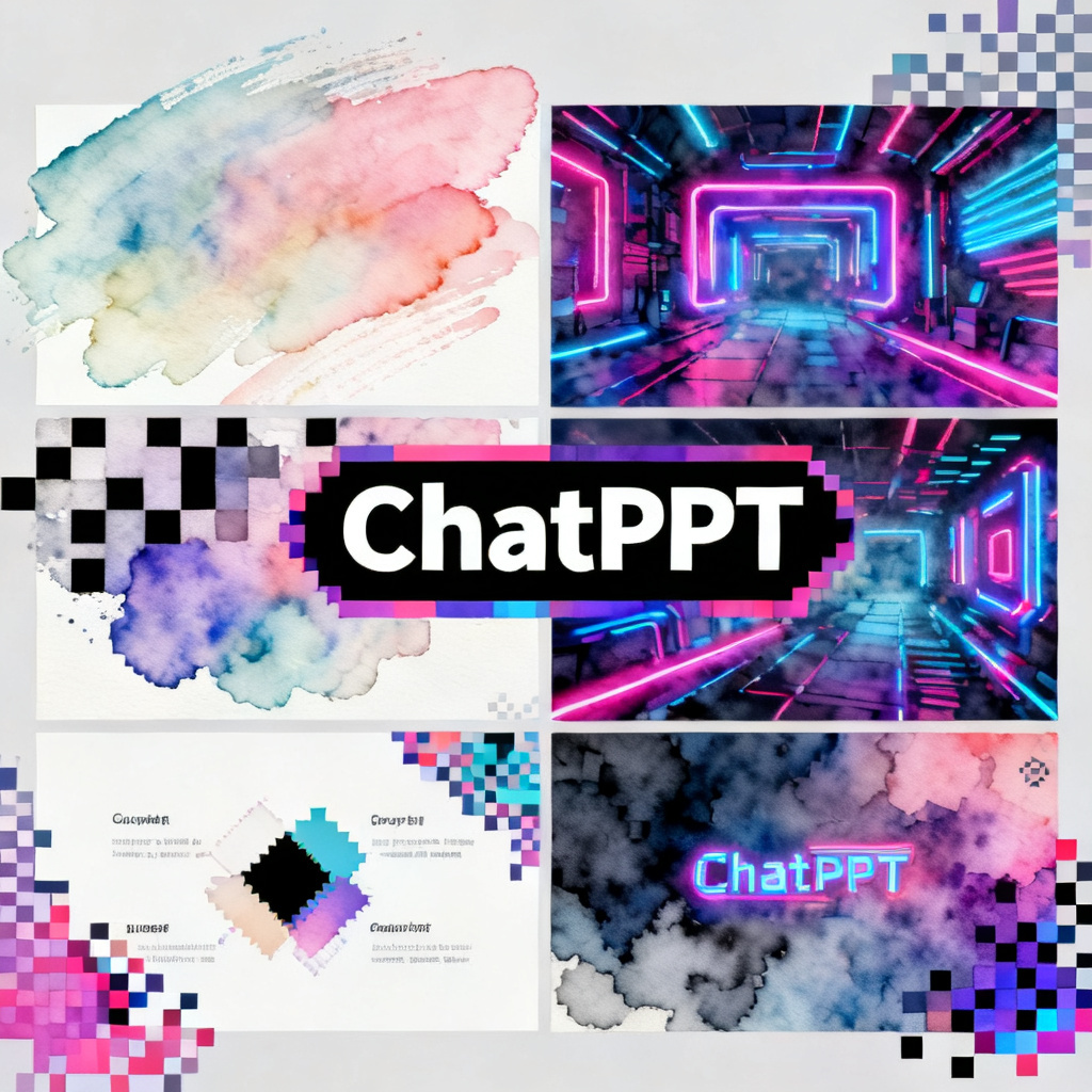 ChatPPT作为创意画布，多种风格融合，包括赛博朋克、水彩、像素风，页面元素独立可编辑