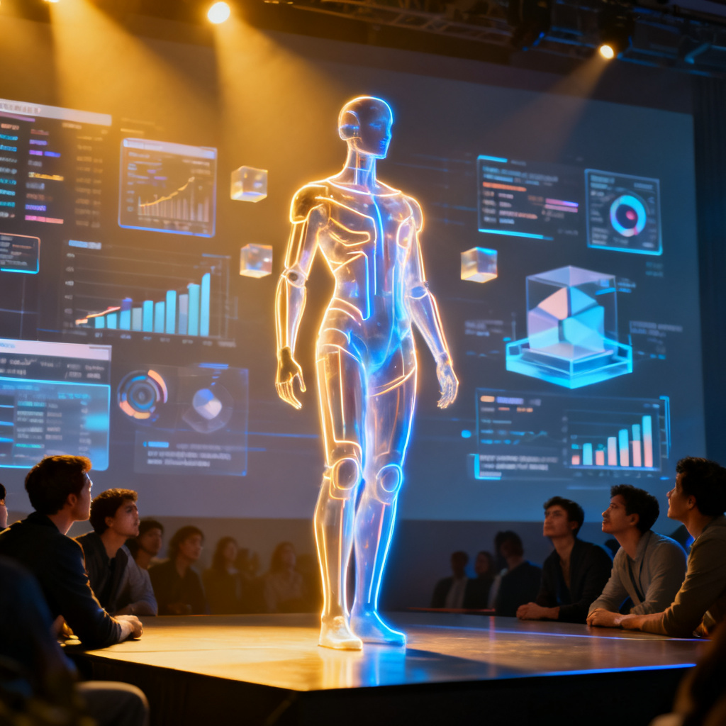 A futuristic digital avatar presenting on stage with a holographic PPT background, audience looking engaged, cinematic lighting, 8K.