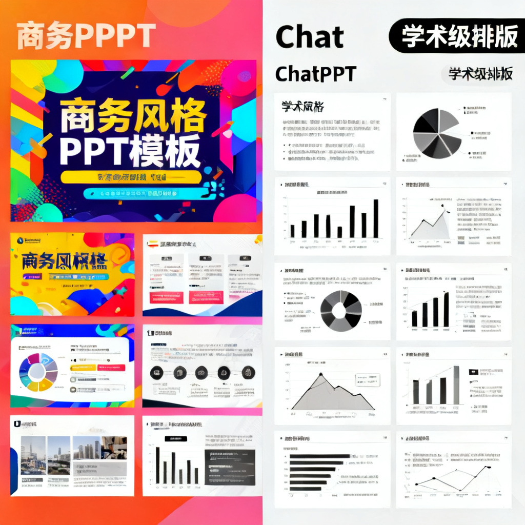 一张对比图，左侧是商务风格PPT模板（色彩跳跃、布局花哨），右侧是ChatPPT生成的学术风格PPT模板（白底黑字、图表清晰、排版规整），并标注“学术级排版”