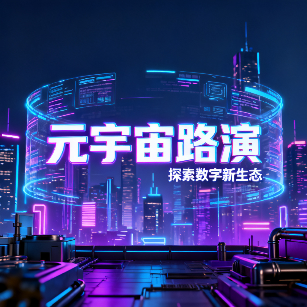 赛博朋克风格元宇宙路演PPT封面,霓虹灯城市天际线,全息投影数据流,3D渲染,高细节,电影级光照
