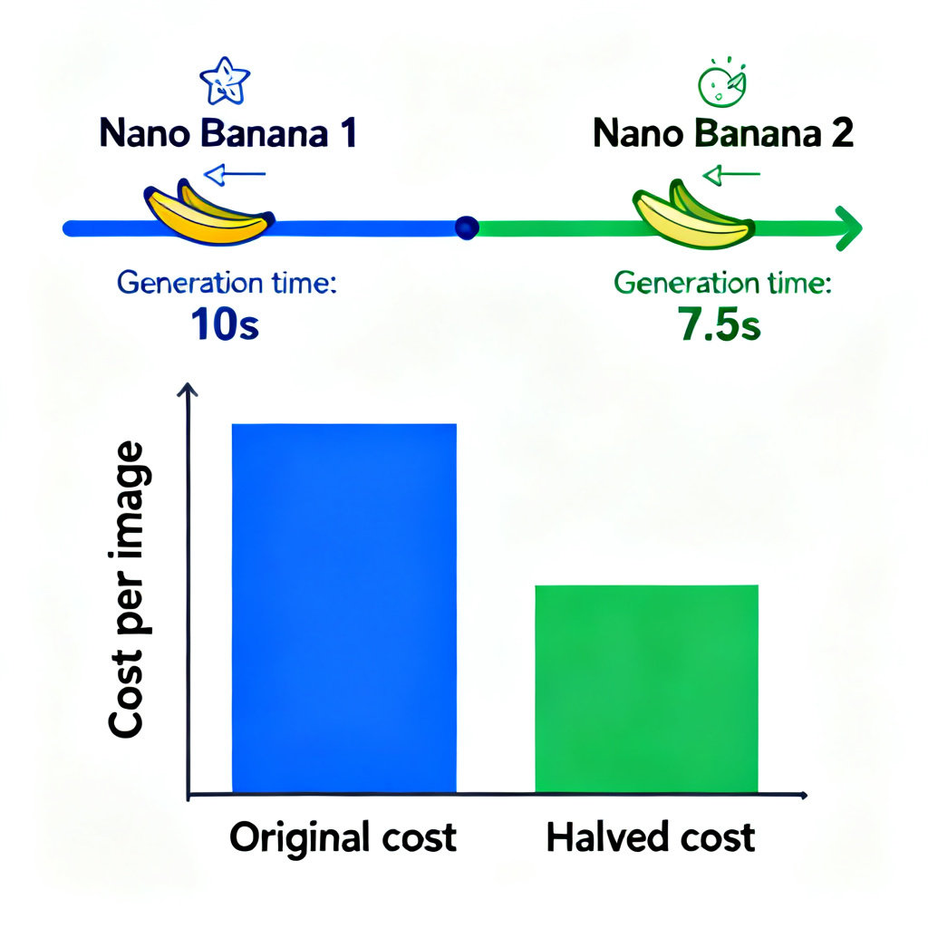 An infographic showing a timeline: 'Nano Banana 1' generation time 10s, 'Nano Banana 2' generation time 7.5s. Below, a cost comparison chart showing cost per image halved.