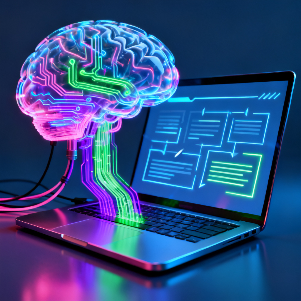 A futuristic, glowing digital brain connected to a laptop, with streams of data flowing into a perfectly structured slide deck, symbolizing the transformation from complex knowledge to clear presentation, cyberpunk style, 8k