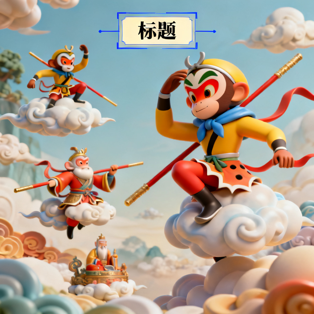 一张3D西游记风格的PPT内页，孙悟空与筋斗云元素，文字区域被选中并可编辑，图层分离示意