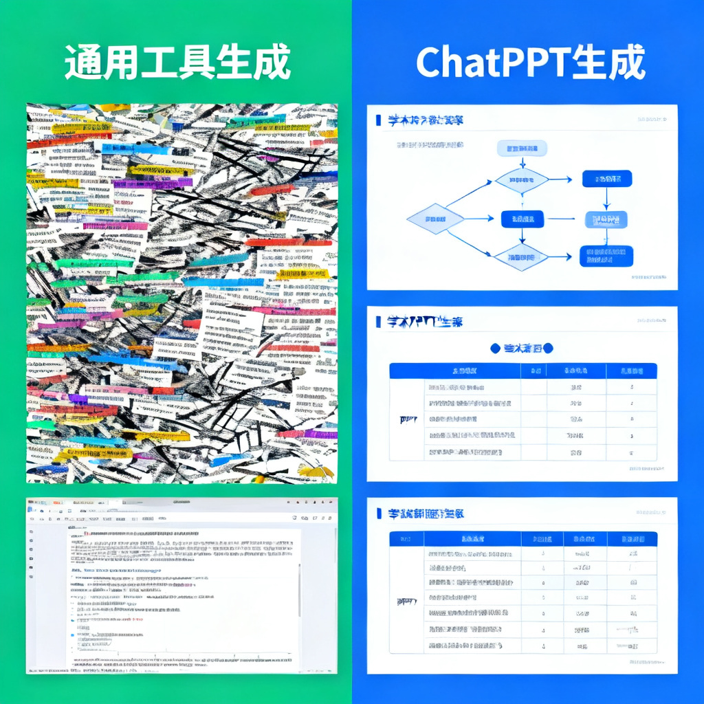 左侧一个混乱的PPT界面，文字堆砌、图表缺失，标注“通用工具生成”；右侧一个整洁的学术PPT，包含清晰的流程图和对比表格，标注“ChatPPT生成”