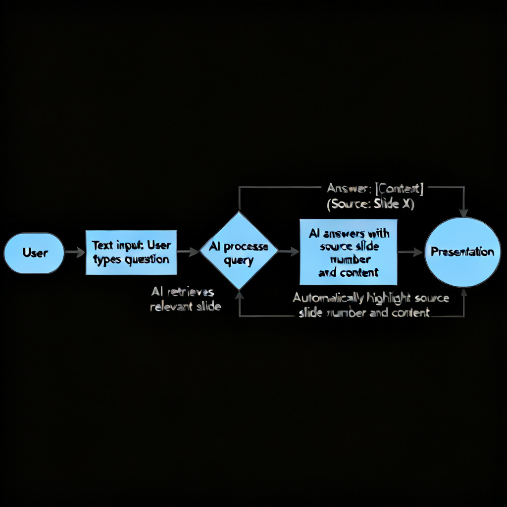 A flowchart showing a user asking a question via text input, with the AI answering and automatically highlighting the source slide number and content in the presentation