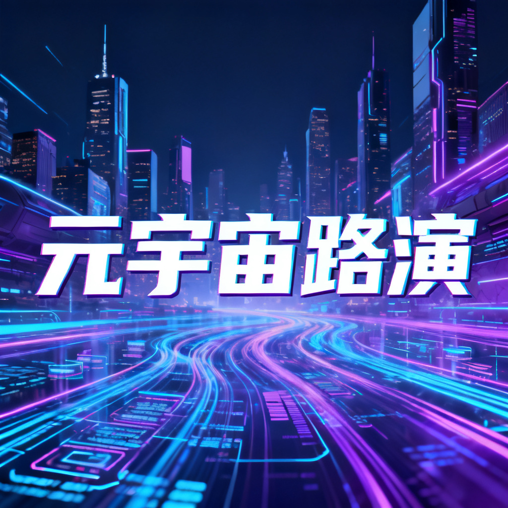 赛博朋克风格的元宇宙路演PPT封面，主色调为霓虹蓝紫，背景是未来城市天际线与全息数据流，文字标题使用粗体科技字体，排版具有强烈透视感