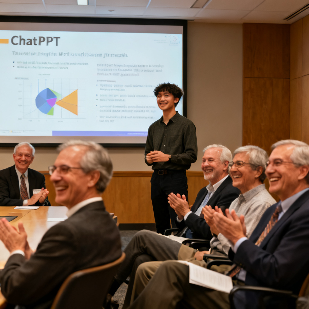 A group of professors smiling and nodding during a thesis defense, with a student presenting confidently in front of a screen showing ChatPPT slides.