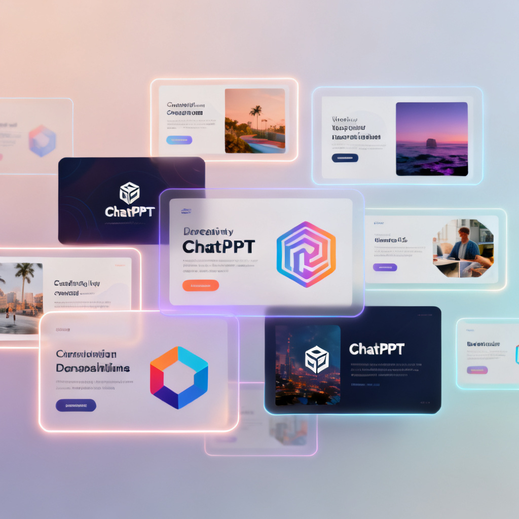 A creative canvas with multiple floating layers: text, images, graphics, and logos, each layer glowing with a subtle outline, symbolizing ChatPPT's editable and modular approach