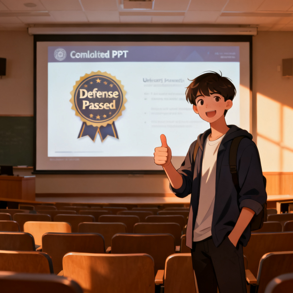 A victorious scene: a student standing confidently in front of a presentation screen, with a thumbs-up gesture. The screen shows a completed PPT with a 'Defense Passed' badge. The background is a university lecture hall with empty seats, suggesting a successful defense. The style is semi-realistic with warm lighting, conveying a sense of achievement.