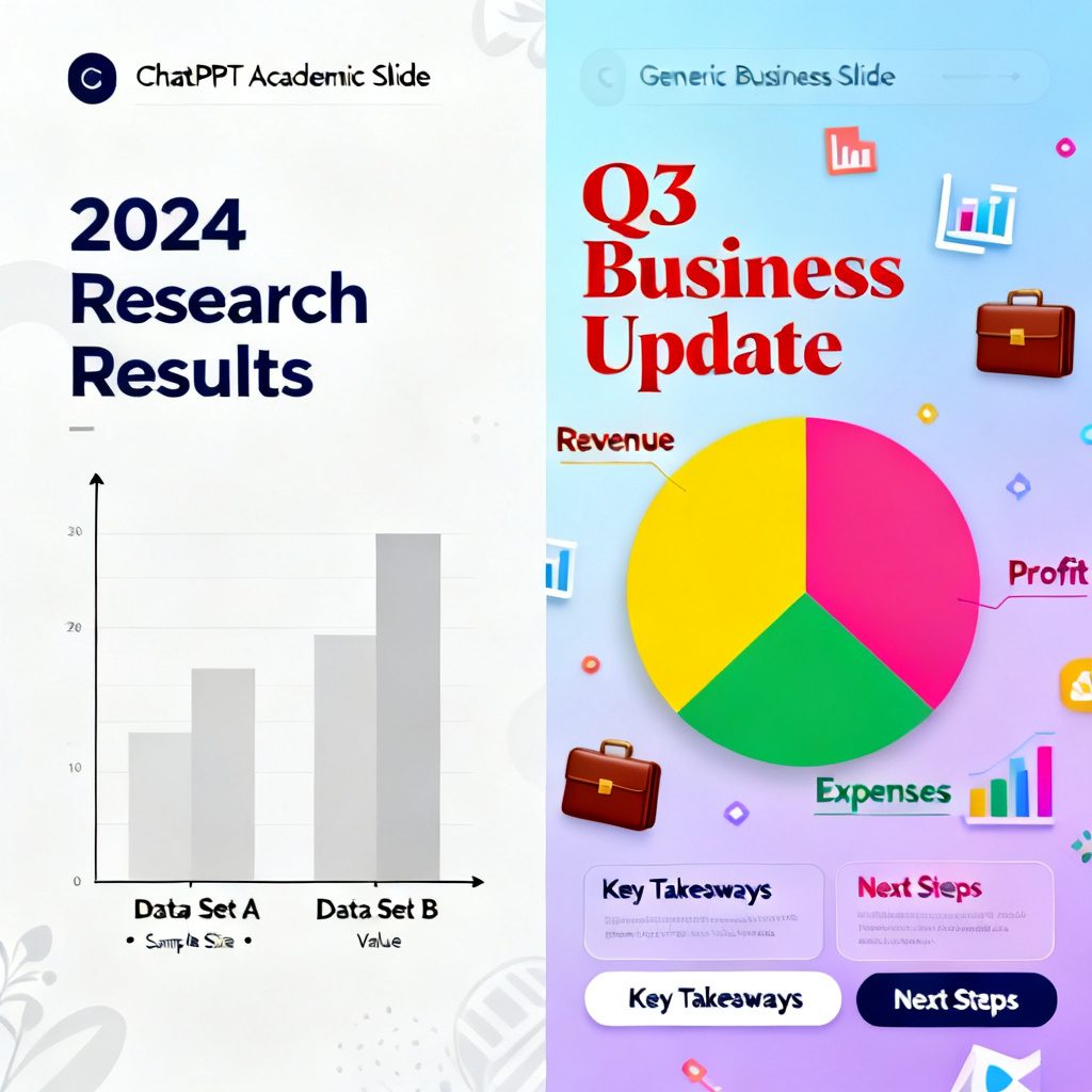 Side-by-side comparison of a ChatPPT-generated academic slide with a clean, data-focused layout versus a generic business slide with colorful but distracting elements.
