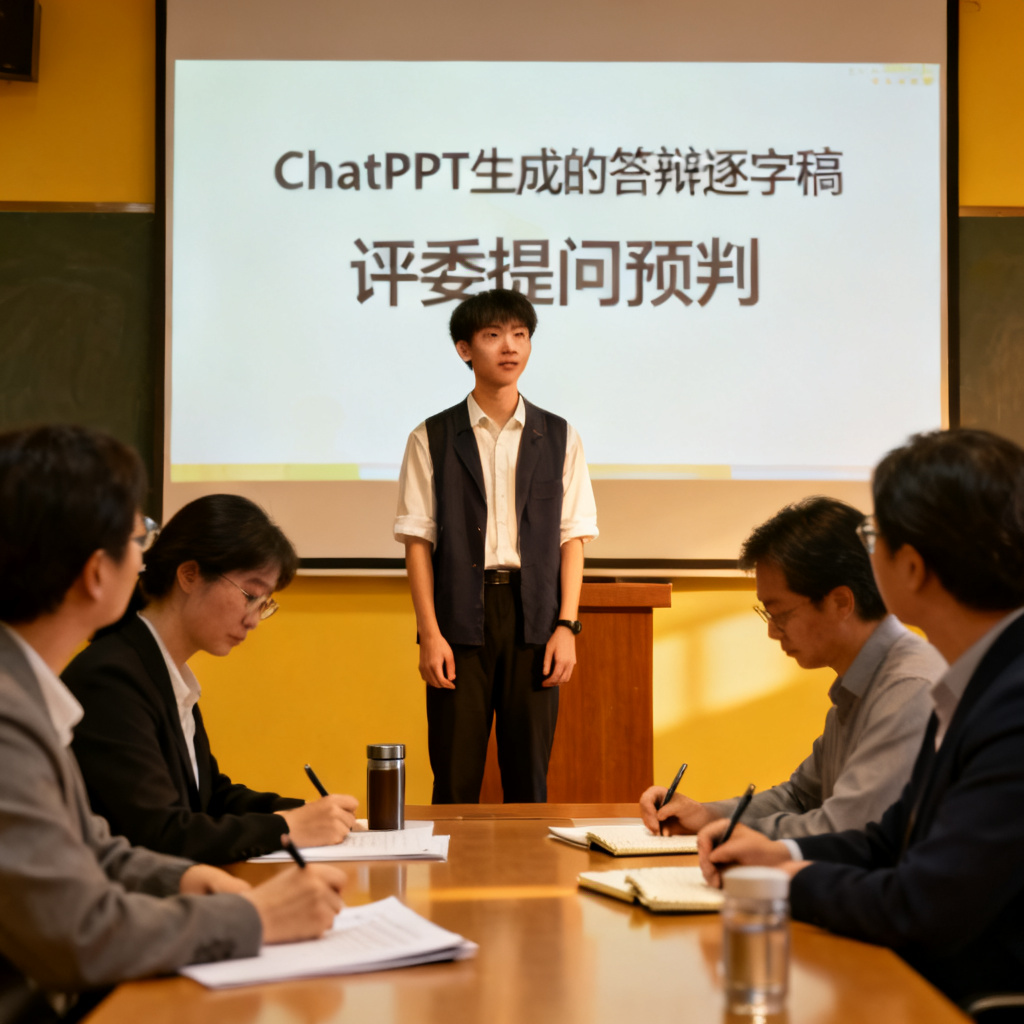 一位学生自信地站在答辩台上,身后大屏幕显示ChatPPT生成的答辩逐字稿和评委提问预判,台下评委认真记录
