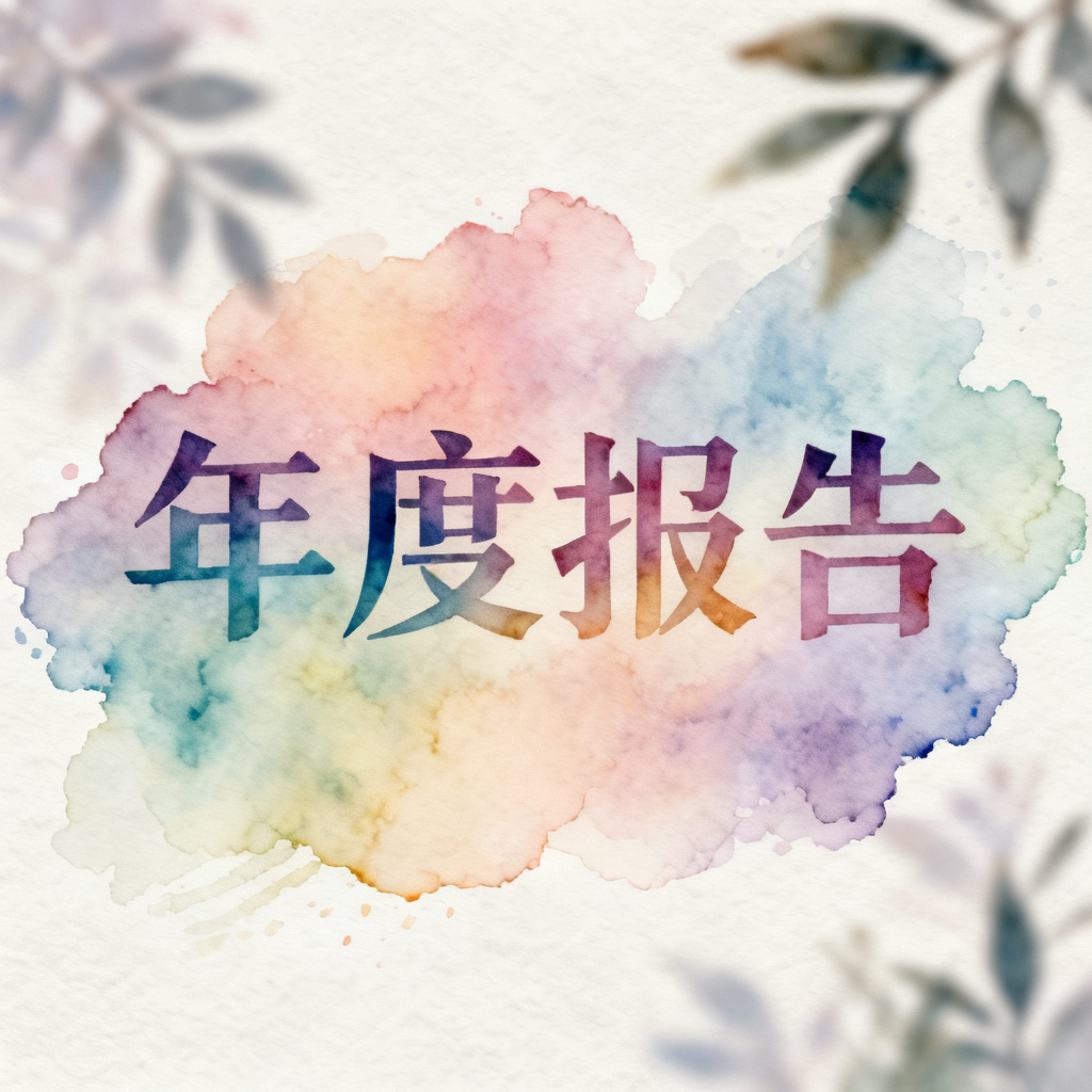 梦幻水彩风格的PPT封面,色彩渐变,水彩晕染效果,配有“年度报告”标题,背景有模糊的植物剪影