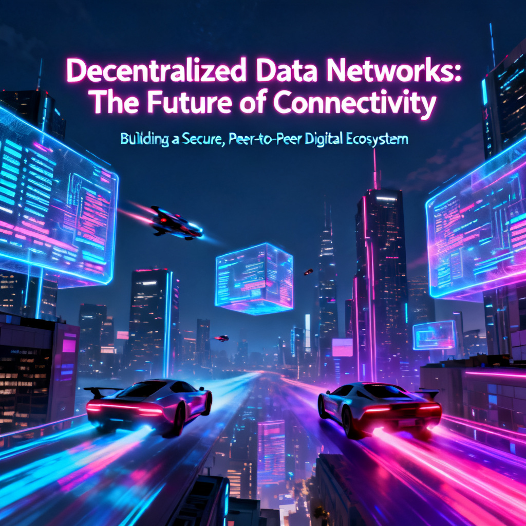 A futuristic cityscape in cyberpunk style with neon lights, holographic billboards, and flying vehicles, for a tech startup pitch deck about decentralized data networks.