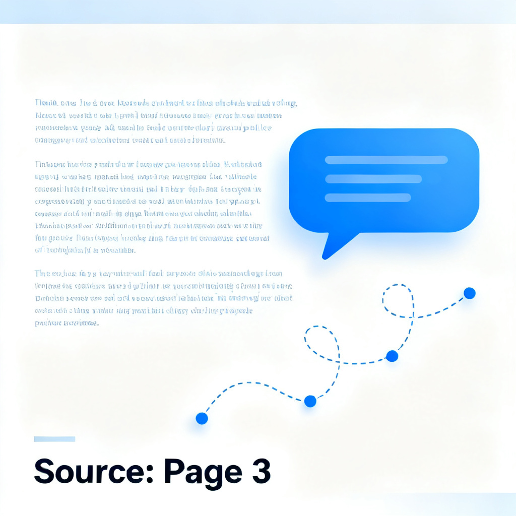A PPT page screenshot with highlighted text paragraphs, beside it a smart conversation bubble, below the bubble it refers to source from page 3, virtual dashed lines connecting points, representing knowledge tracing concept