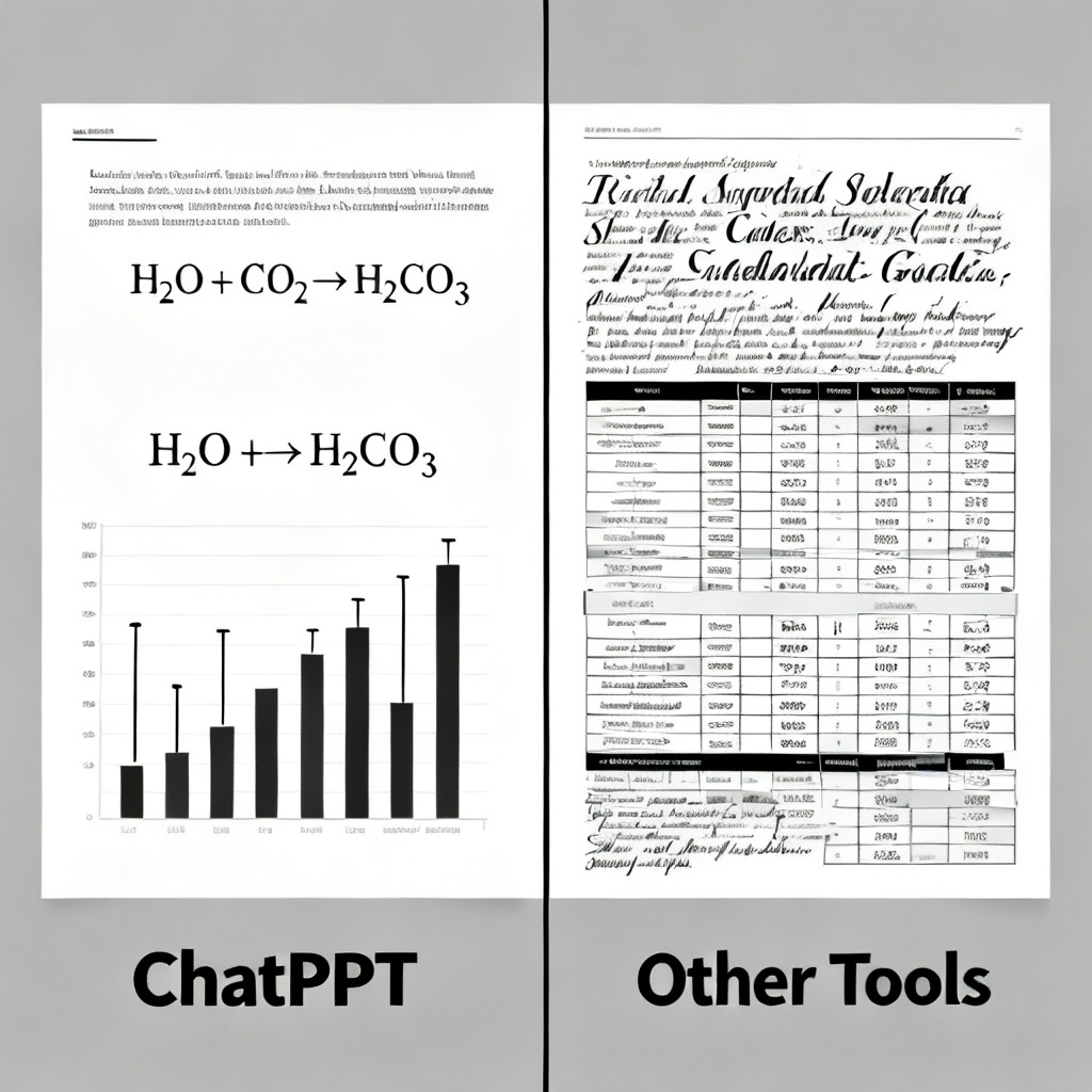 A split-screen comparison. On the left, an academic PPT slide with clean layout, standardized fonts, a high-quality bar chart with error bars, and a chemical formula rendered clearly. On the right, a slide with cluttered text, inconsistent font sizes, and a poorly scaled table. The left side is labeled "ChatPPT" and the right "Other Tools".