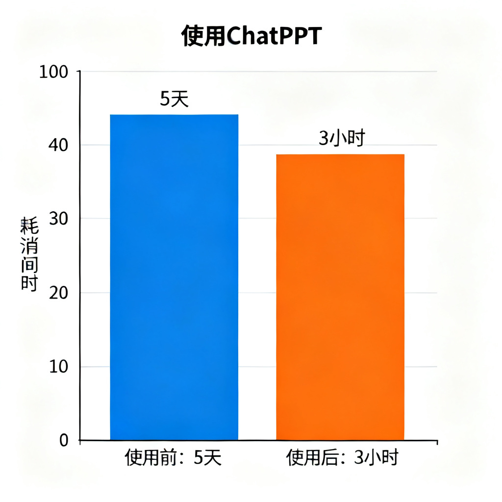 数据可视化图表，展示使用ChatPPT前后时间消耗对比：从5天缩短至3小时，柱状图，写实风格，蓝色和橙色对比