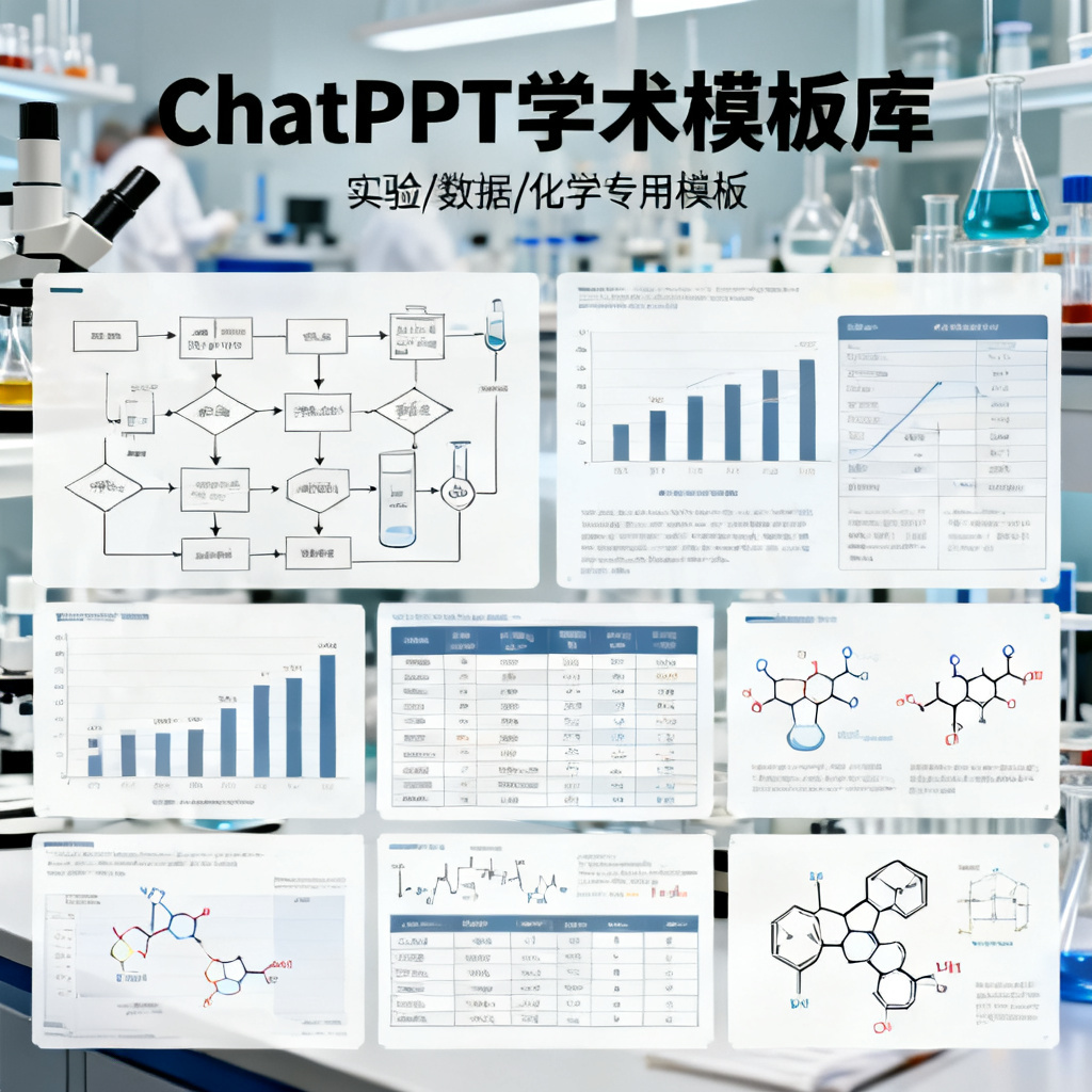 ChatPPT的学术模板库展示，包括实验流程图、数据对比表、化学分子式等，排版严谨，色彩柔和，背景是实验室场景。